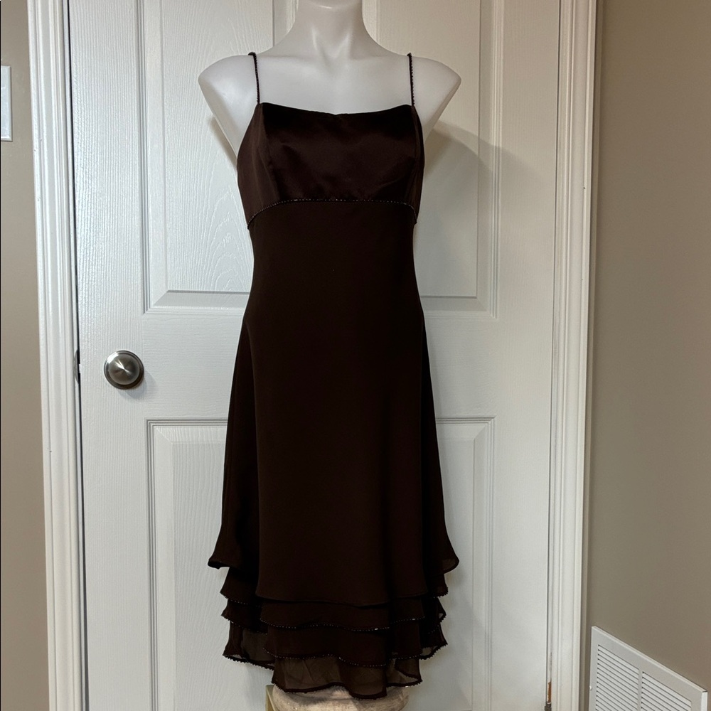 Brown Layered Midi Dress, Beading Accents, Spaghetti Straps, Empire Waist